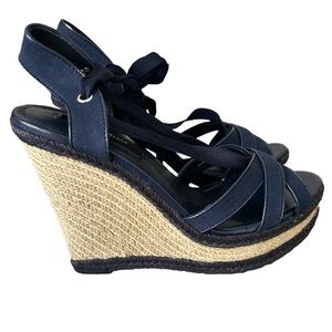 Ankle Lace up Espadrille sandals, blue open toe. 4 inch heel, women’s size 8.